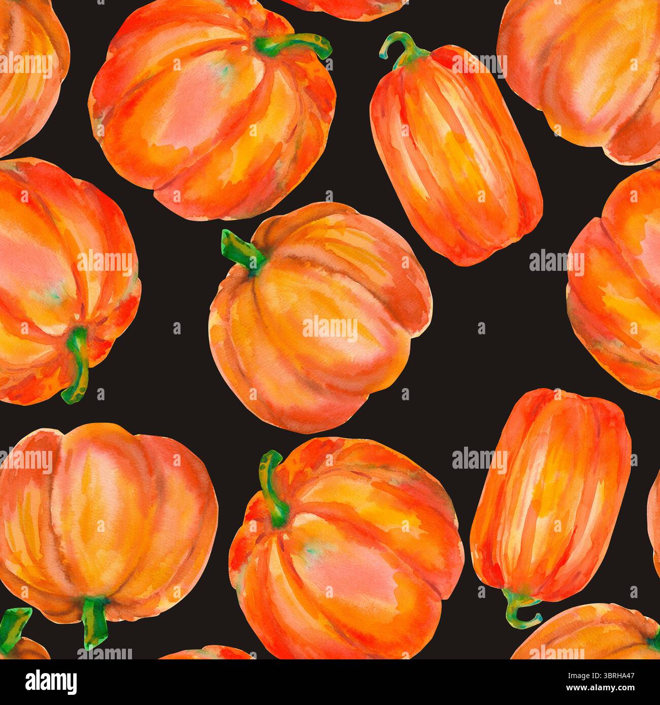 Kürbis. Nahtloses Aquarellmuster mit leuchtend orangefarbenen Kürbissen, isoliert auf Schwarz. Für saisonale Verpackungen, Geschenkpapier, Poster, Stoffdruck, bann Stockfoto