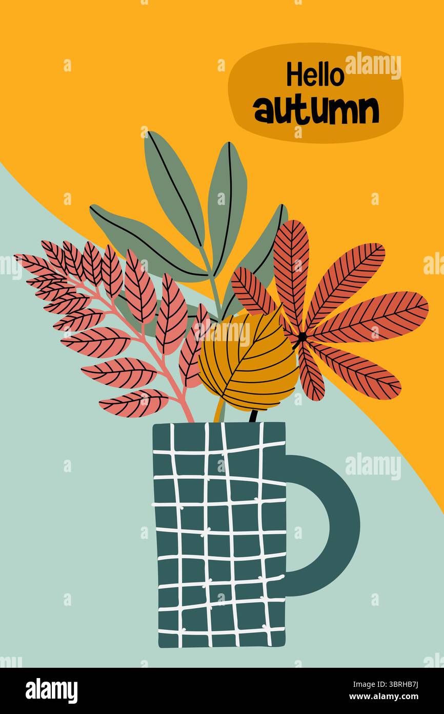 Flache Vektor-Illustration eines handgezeichneten Herbstposters oder einer Karte mit abstrakten Blättern Formen in Becher. Minimalistische Komposition, perfekt für die saisonale Einrichtung. Stock Vektor Flache Vektor-Illustration eines handgezeichneten Herbstposters oder einer Karte mit abstrakten Blättern Formen in Becher. Minimalistische Komposition, perfekt für die saisonale Einrichtung. Stock Vektor