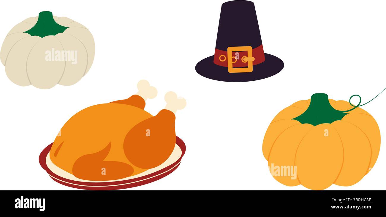 Gerösteter Truthahn auf Teller Orange und weiß Kürbisse und Pilgermütze mit Schnalle Thanksgiving-Elementen. Isolierte Vektor Illustration Aufkleber Icon Thanksgiving verwandter Inhalt Grußkarte, Faltblatt, Post Stock Vektor