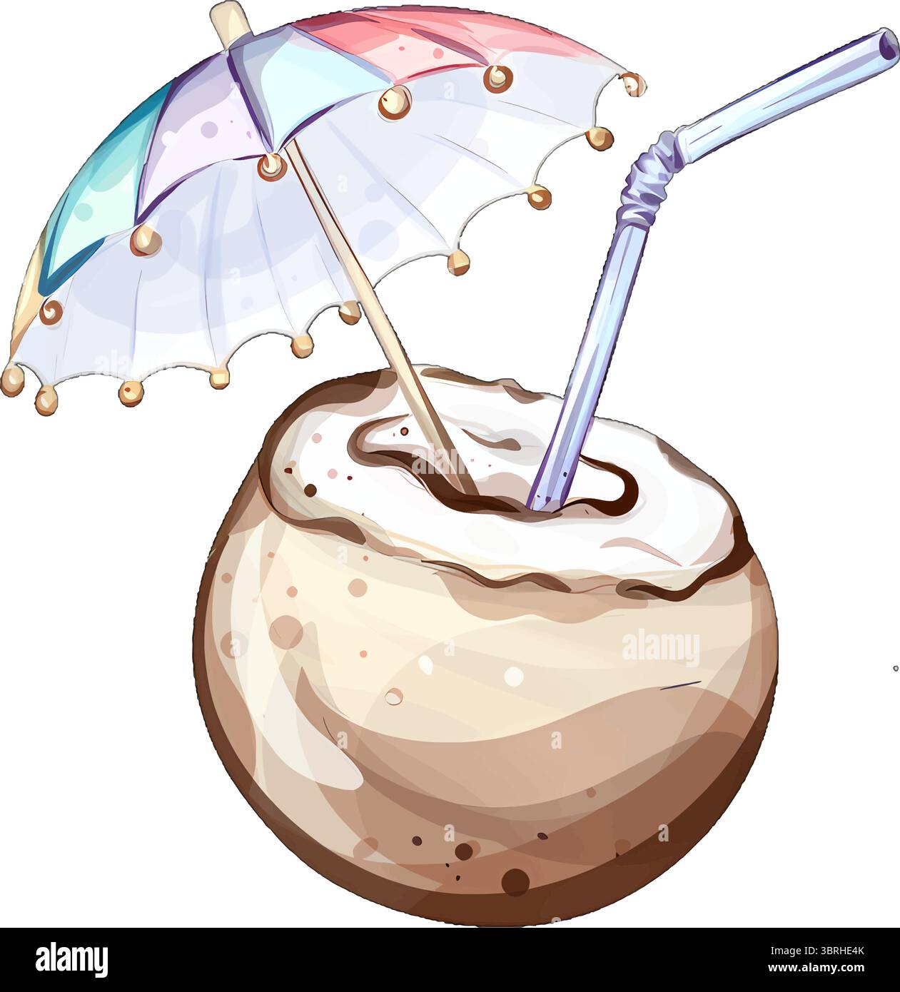 Stellen Sie sich vor, Sie schlürfen ein erfrischendes Sommergetränk, das direkt in einer bezaubernden Kokosnuss serviert wird, komplett mit einem farbenfrohen Regenschirm, der Ihnen einen unterhaltsamen Touch verleiht. Das war wunderbar Stock Vektor