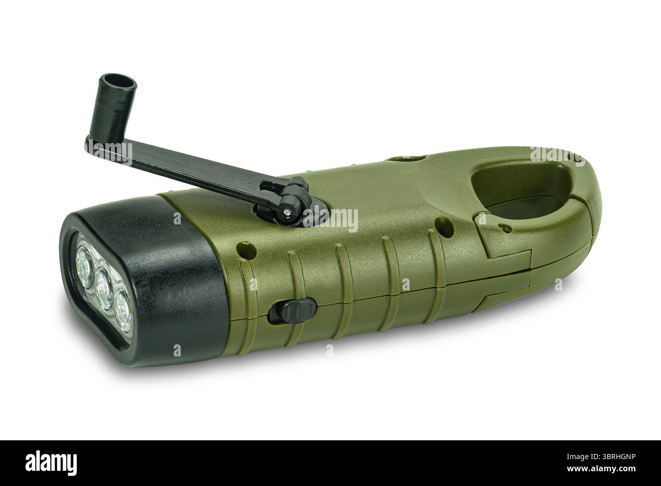 Moderne tragbare LED-Taschenlampe mit Stromversorgung durch eine Batterie isoliert auf weißem Hintergrund mit Schneidepfad. Dieses Gerät lädt die Batterie durch Solarzellen oder Turni auf Stockfoto