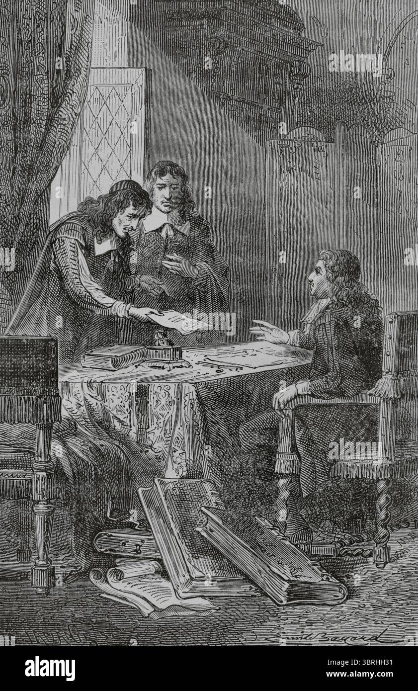 Jean Chapelain (1595–1674), französischer Dichter und Literaturkritiker, und Pierre Costar (1603–1660), französischer Mann der Briefe, präsentieren Jean-Baptiste Colbert (1619–1683) eine Liste von Schriftstellern, die es verdienen, vom König Rentner zu werden. Illustration von Emile Bayard (1837-1891). Stich von Charles Laplante (1837-1903). Histoire de Paris et de ses Monuments (Geschichte von Paris und ihre Denkmäler), 1895. Stockfoto