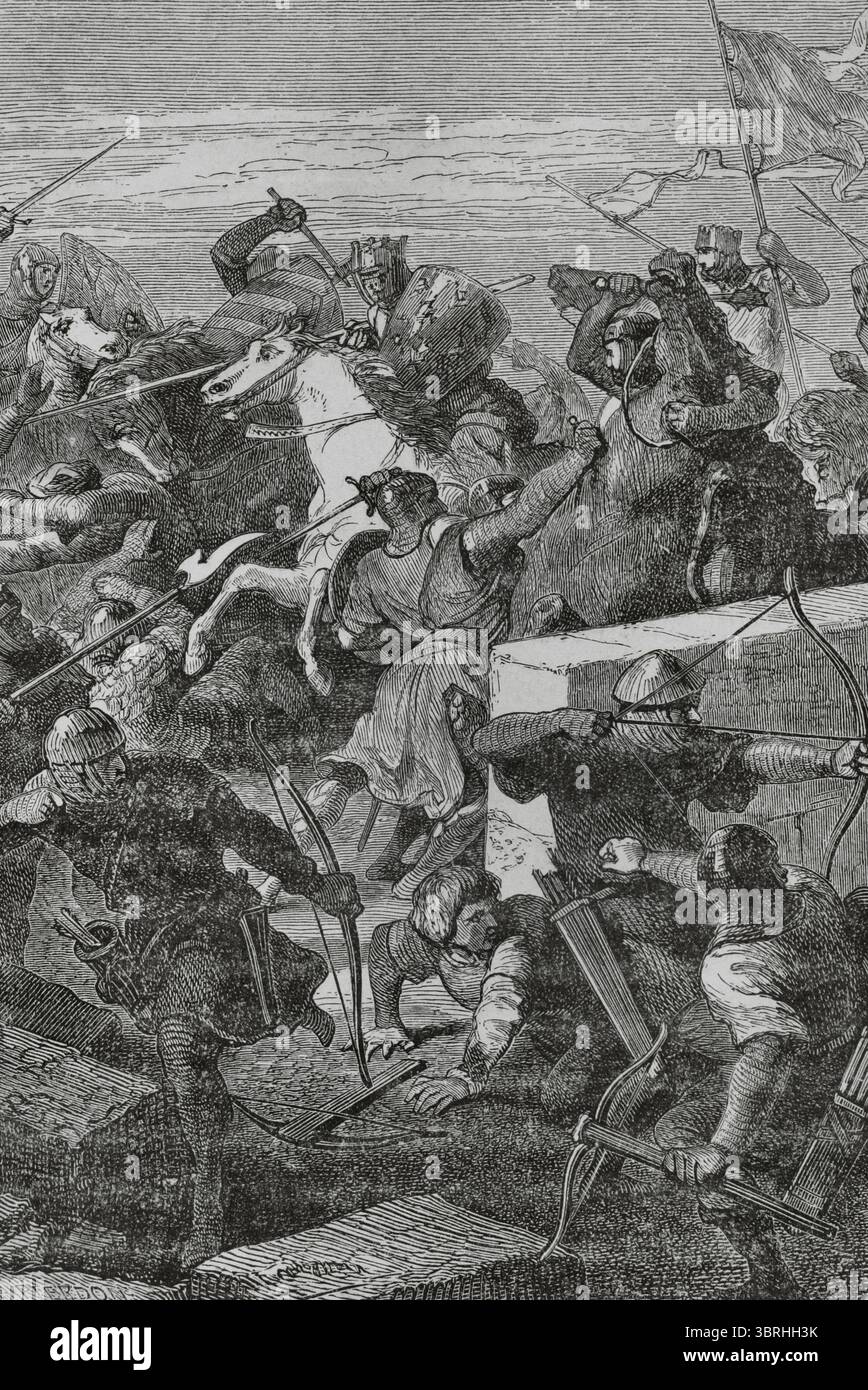 Schlacht von Taillebourg (21-22. Juli 1242). Entschiedenes Engagement während des Saintonge-Krieges. Sie stellte die französische Armee unter König Ludwig IX. (1214–1270) und seinem jüngeren Bruder Alphonse von Poitiers (1220–1271) gegen Truppen unter König Heinrich III. Von England (1207–1272), dessen Bruder Richard von Cornwall (1209–1272) und deren Stiefvater Hugh X. von Lusignan (ca. 1185–1249). Saint Louis in Taillebourg. Kupferstich von Francois Pierdon (1821-1904). Histoire de Paris et de ses Monuments (Geschichte von Paris und ihre Denkmäler), 1895. Stockfoto