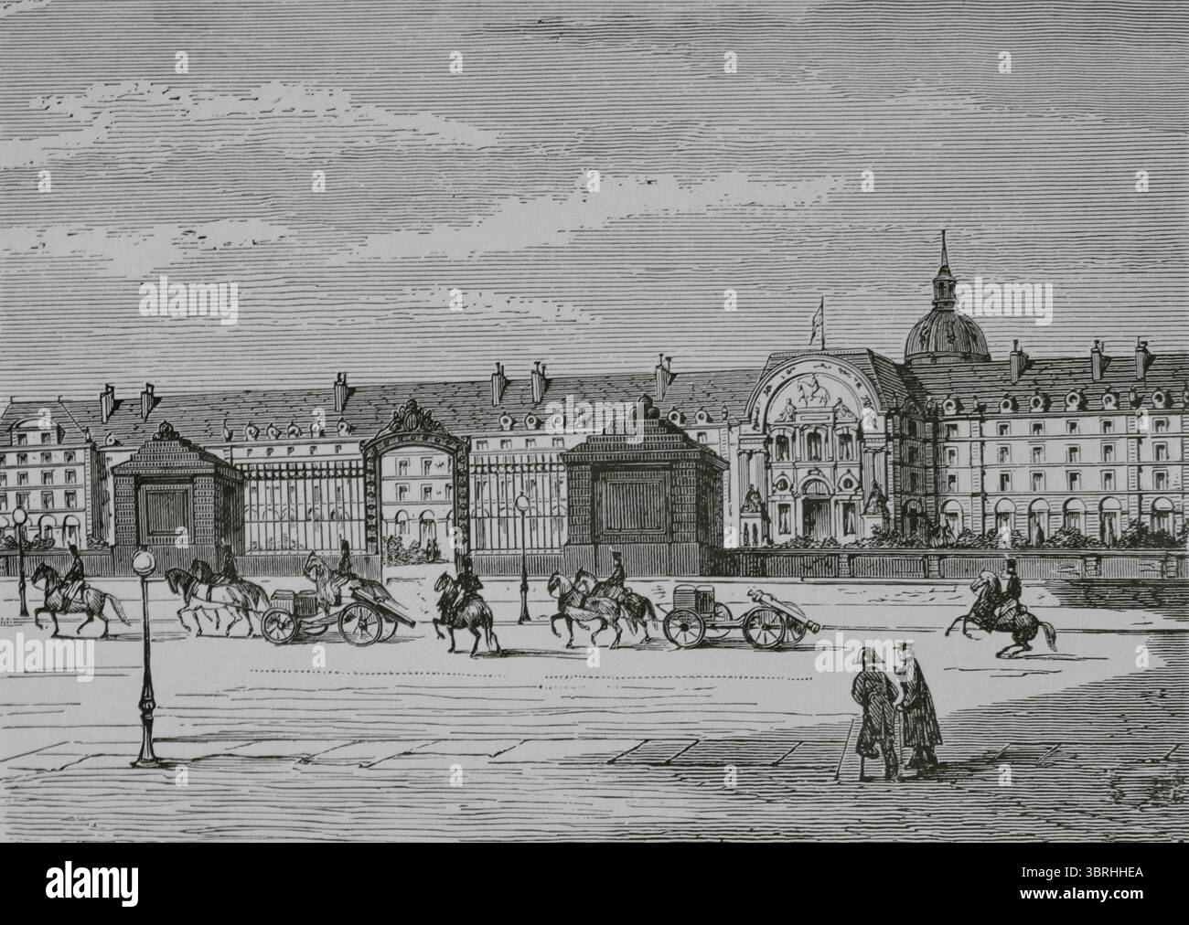 Paris, Frankreich. Les Invalides (Hôtel des Invalides). Architektonische komplexe Gebäude, die 1670 von König Ludwig XIV. Errichtet werden sollten, um Kriegsinvaliden, die obdachlos geblieben waren, Unterkunft zu bieten. Gravur. Histoire de Paris et de ses Monuments (Geschichte von Paris und ihre Denkmäler), 1895. Stockfoto