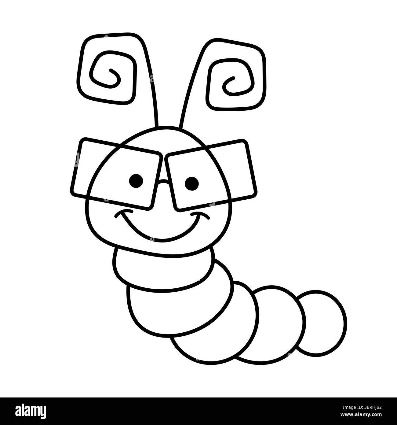 Niedliche Cartoon-Raupe mit Brille und Antenne. Eine fröhliche Zeichentrickzeichnung der raupe in einem schlichten schwarz-weißen Umrissstil. Stock Vektor