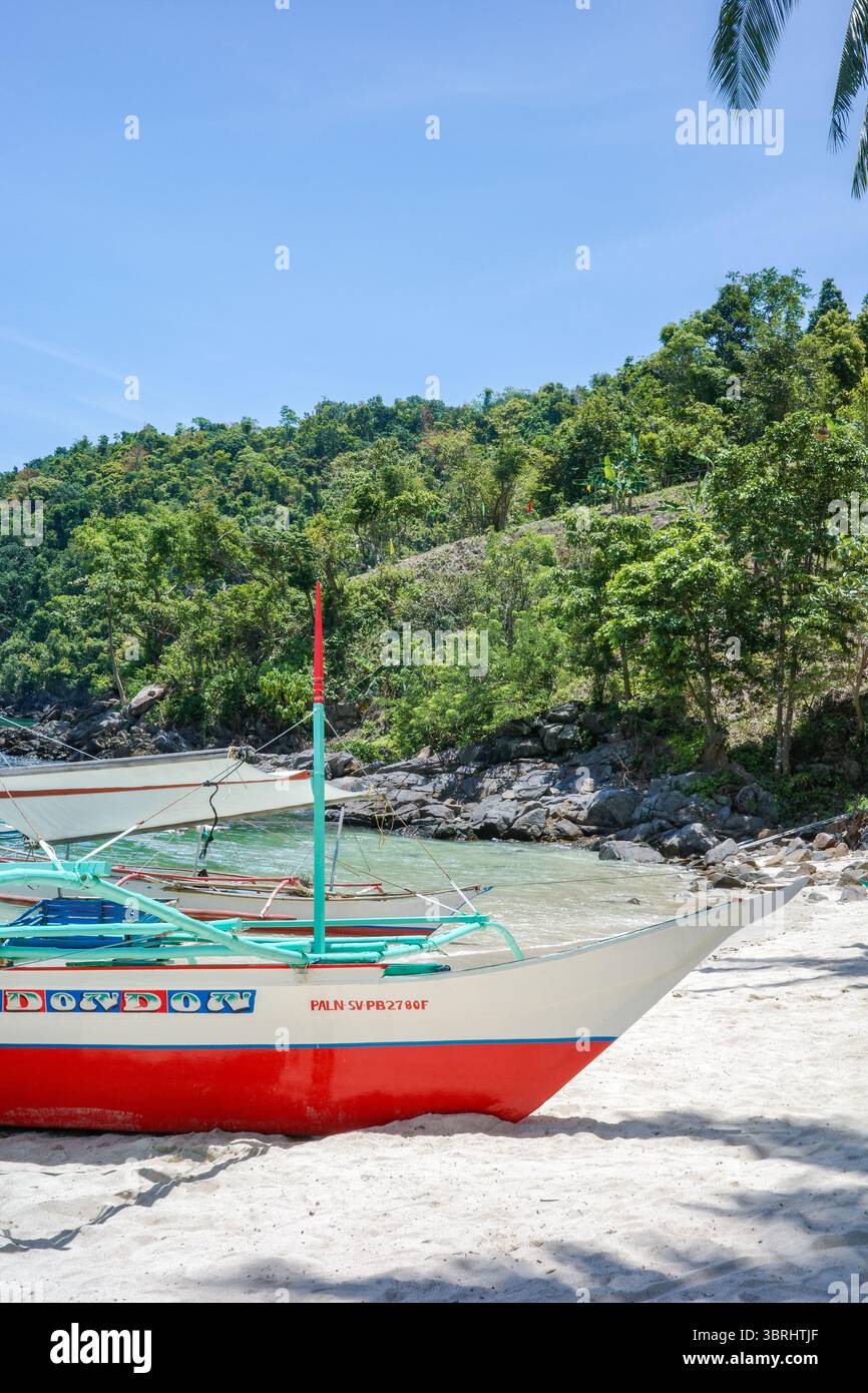 Ein farbenfrohes traditionelles Boot ruht am weißen Sandstrand, mit einem üppigen tropischen Hügel im Hintergrund in Palawan, Philippinen Stockfoto