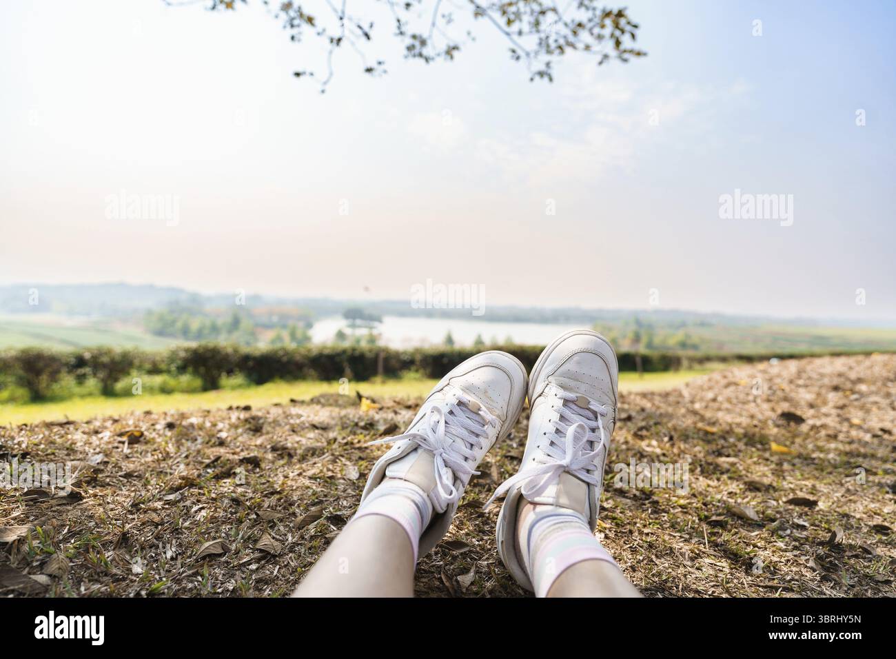 Die Beine des Reisenden ruhen auf der Natur des Parks Stockfoto