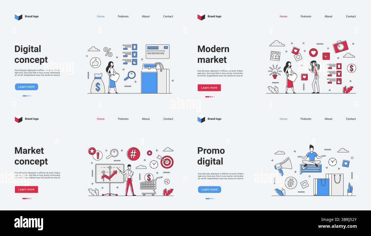 Diese Sammlung umfasst verschiedene digitale Marketingkonzepte, darunter moderne Marktdesigns, Werbeelemente und strategische Ansätze in hochwertigem Vektorformat für Webvorlagen Stock Vektor
