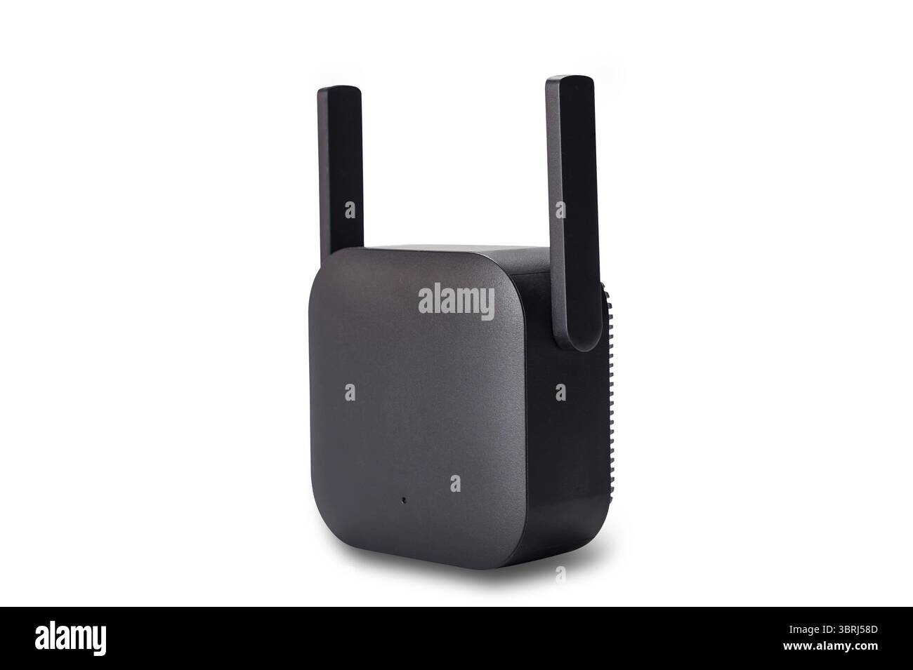 Schwarze Kunststoffbox mit drahtlosem wi-fi-Signalbereichsverlängerer oder drahtlosem Internet-Repeater oder wlan-Signalverstärker mit einstellbaren iso-Antennen Stockfoto