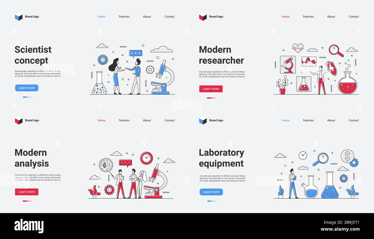 Die Grafiken zeigen Konzepte von Wissenschaftlern, moderne Forscher mit fortschrittlichen Werkzeugen und detaillierte Illustrationen zu Laborgeräten, die sich ideal für die Verbesserung von Inhalten von Websites in Wissenschaft, Bildung und Technologie eignen Stock Vektor