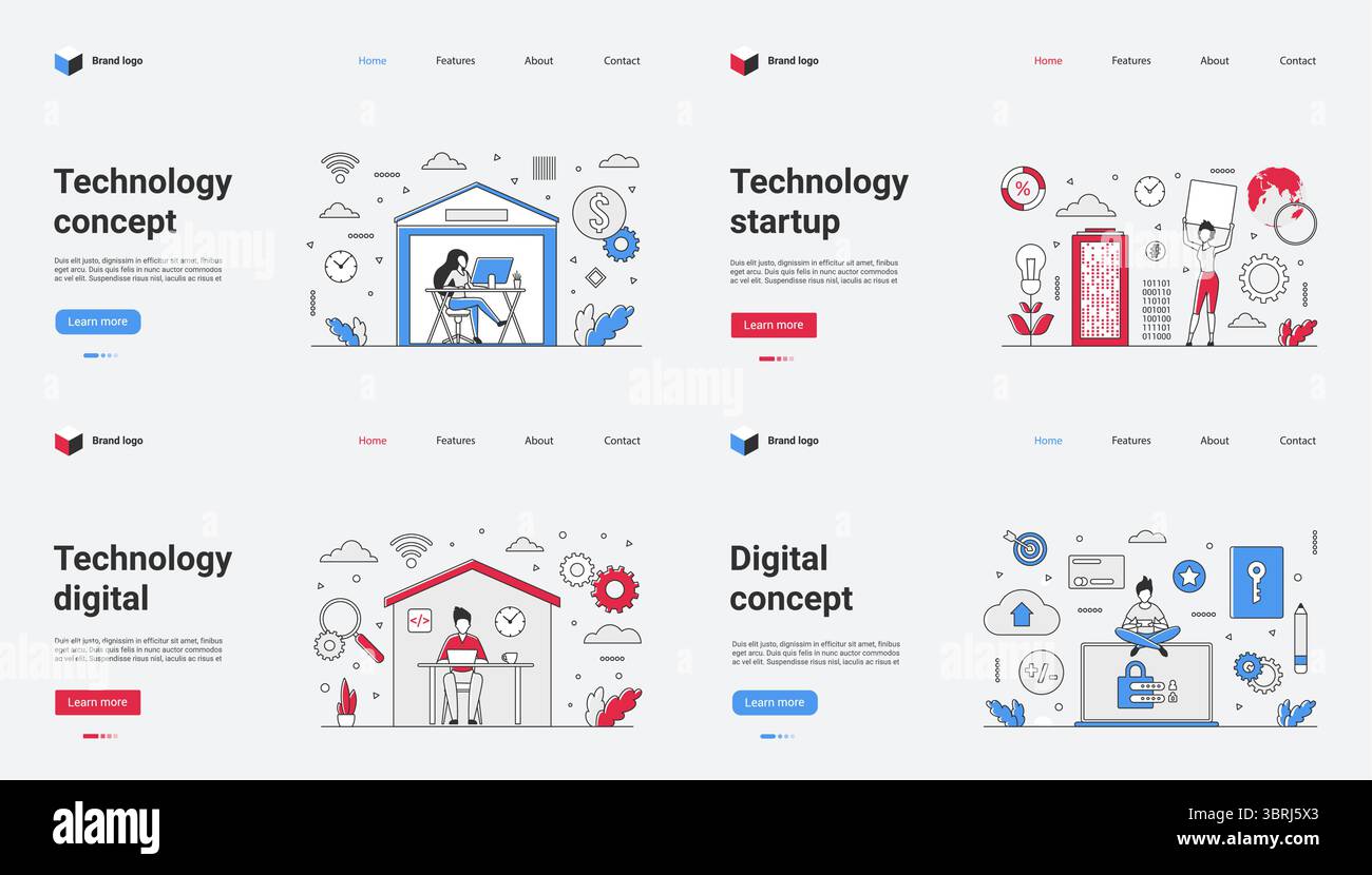Zu den Technologien gehören Startups, digitale Lösungen, Webdesign, Online-Dienste, Illustrationen, Vektorgrafiken und moderne Konstruktionsmethoden. Um das Benutzererlebnis zu verbessern, ist es unerlässlich, mit Trends Schritt zu halten Stock Vektor