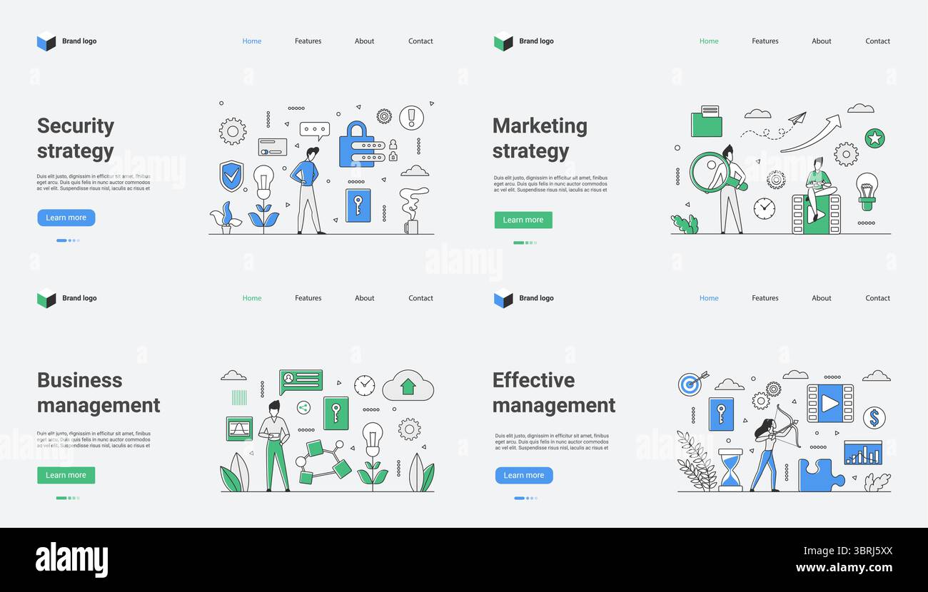 Diese Webvorlage enthält lebendige Illustrationen, die Strategien in den Bereichen Sicherheit, Marketing, Unternehmensmanagement und effektives Management hervorheben, um Ihre unternehmerischen Unternehmungen zu fördern Stock Vektor