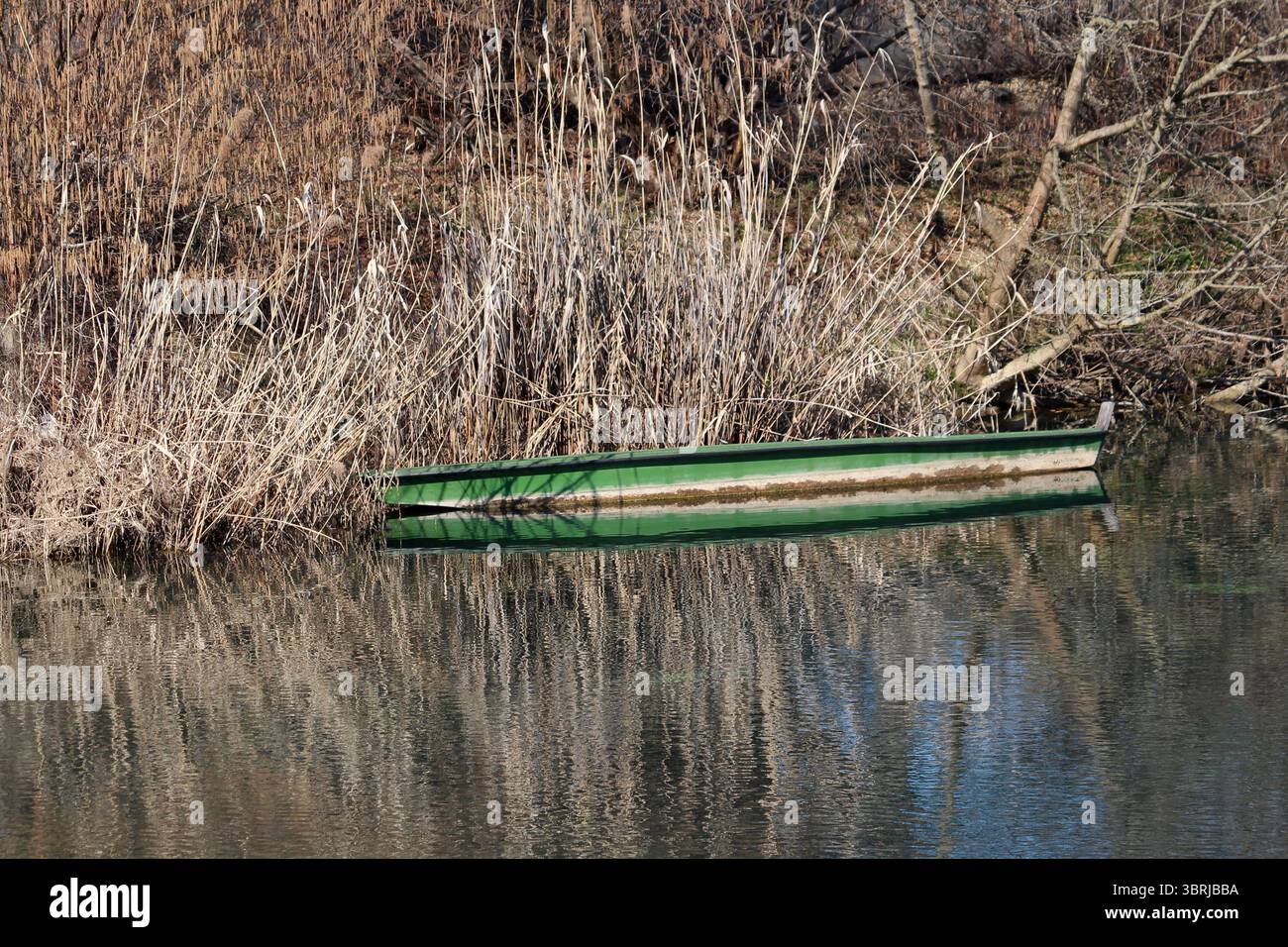 Ein verwittertes grünes Holzboot ruht ruhig an einem ruhigen Ufer, teilweise von trockenem Schilf versteckt und spiegelt sich im stillen Wasser wieder, was an Ruhe erinnert Stockfoto