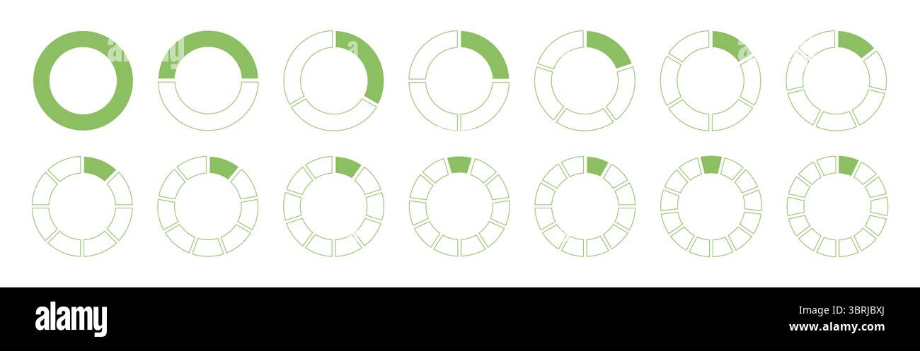 Kreise unterteilt in Diagramm 1, 2, 3, 10, 7, 8, 9, 10, 11, 12, 14 zu gleichen Teilen. Coaching leer. Runde Vorlage. Diagrammkuchen, pizzaförmige Schnittdiagramme Stock Vektor