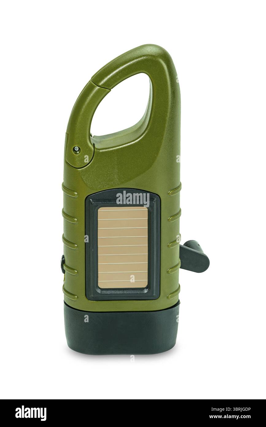 Vertikale Ansicht der Mini-Solar-LED-Taschenlampe isoliert auf weißem Hintergrund mit Beschneidungspfad. Dieses Gerät lädt den Akku über Solarzellen auf oder dreht sich Stockfoto
