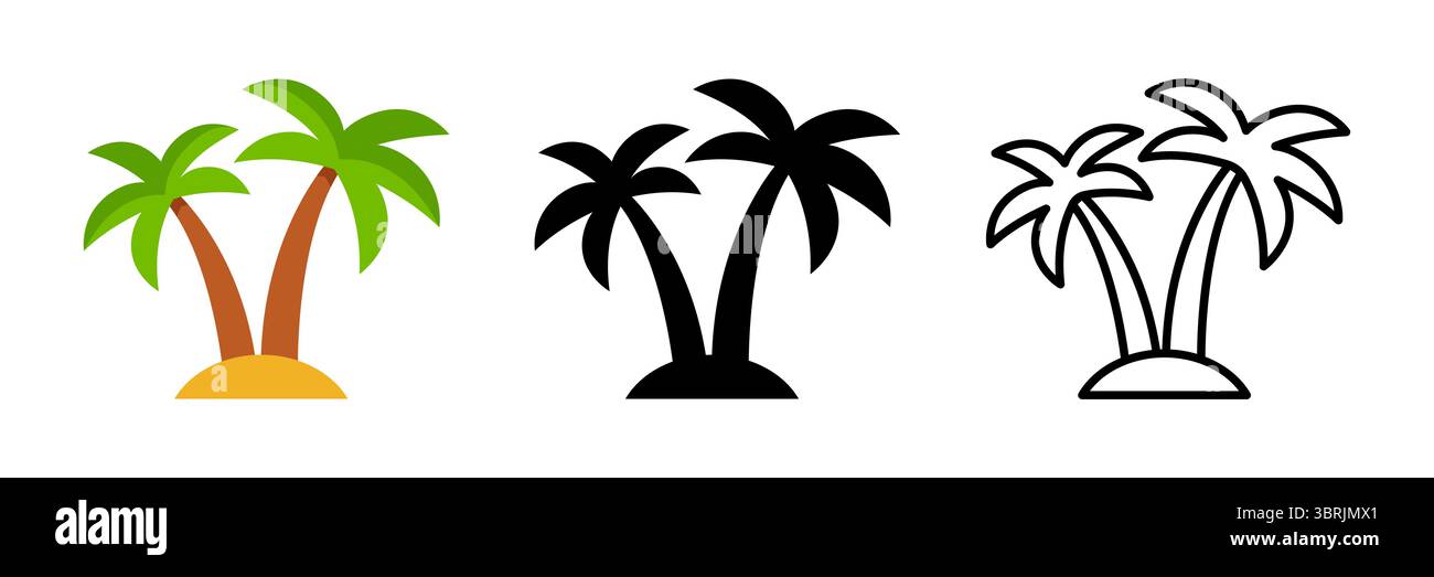 Palmen, Strandurlaub Ikonen Varianten. Flacher Farbcartoon, Schwarzweiß-Silhouette, Liniensymbol. Einfache Vektor-Clipart-Illustration. Stock Vektor