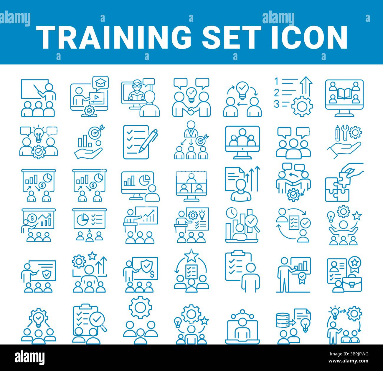 Training-and-Education-Line-Icons-Set – Lernen,-Coaching,-Seminar,-Teamwork,-Präsentation,-Strategie,-Planung,-Online-Kurs,-Student,-Tee. Stock Vektor