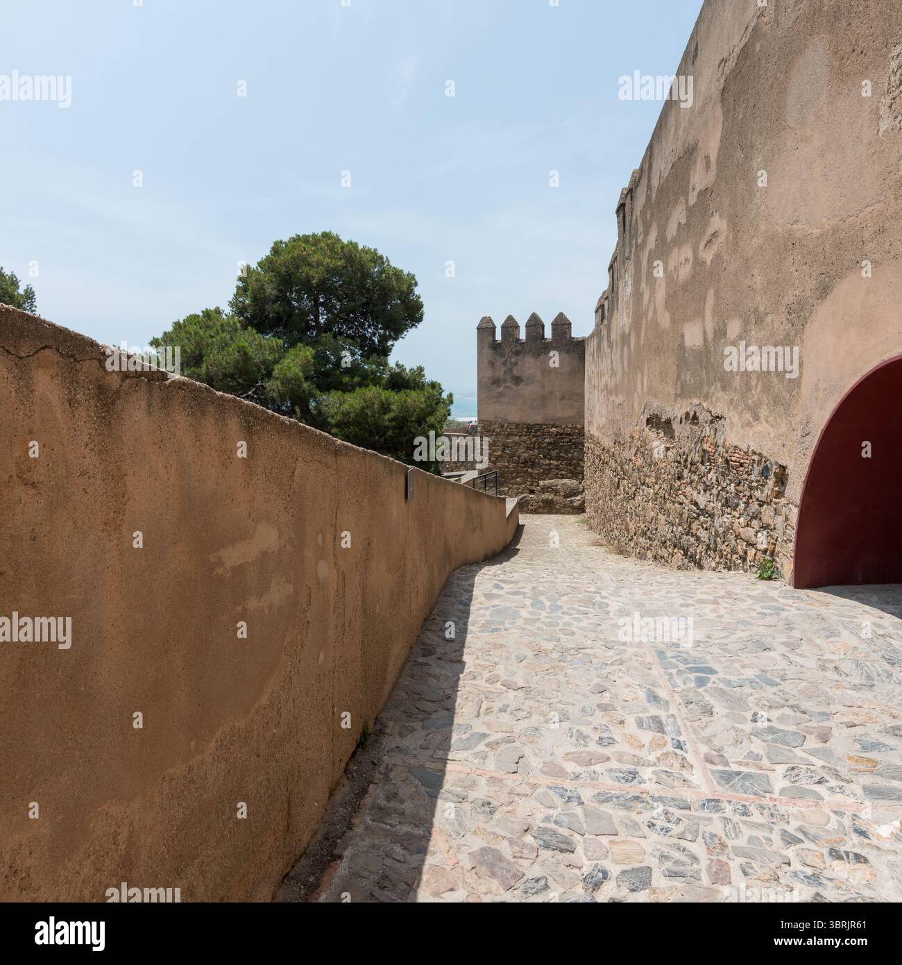 Steinpfad im Inneren der Burg Gibralfaro, der zwischen alten Festungsmauern unter der Sonne mit Bäumen und Meeresblicken im Hintergrund führt Stockfoto