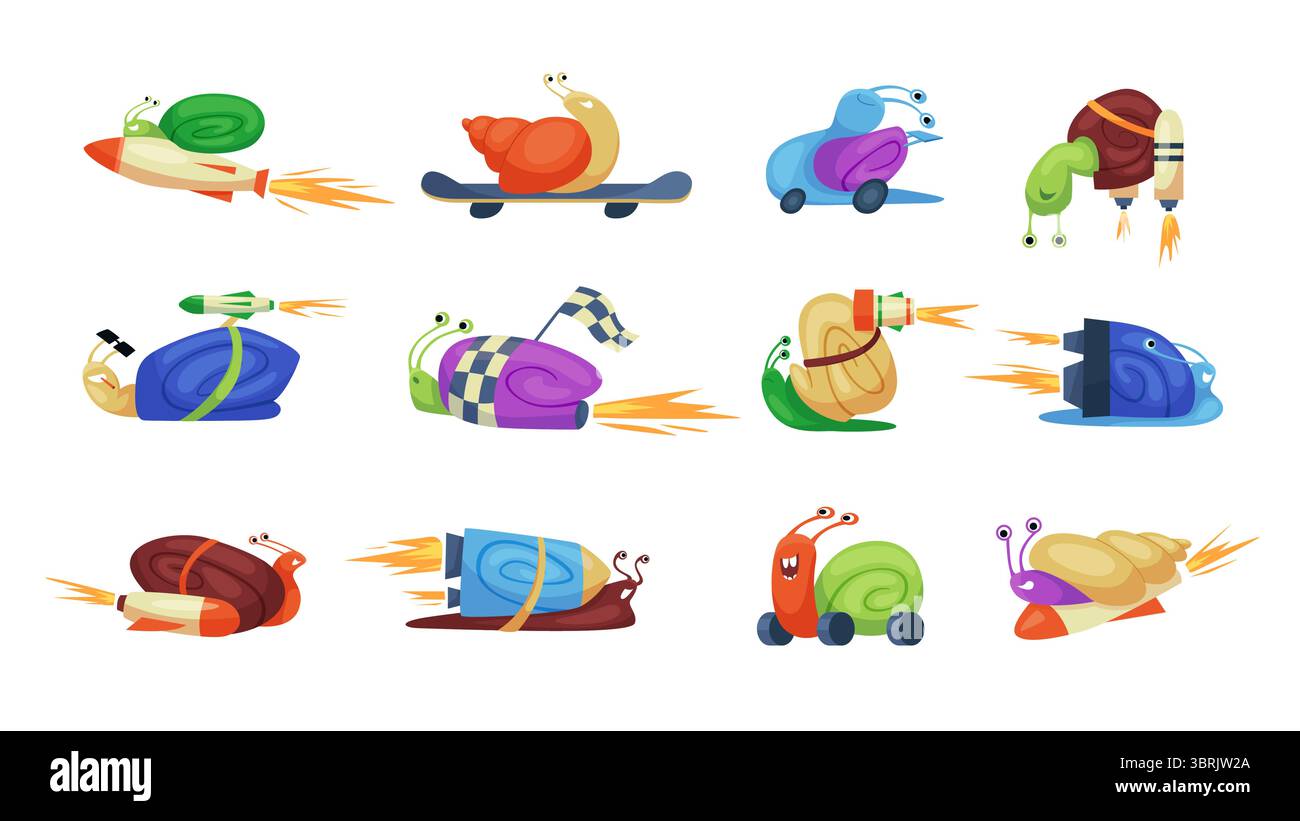 Schnell bewegliche Schnecken Set. Niedliche Garten schnelle Schnecken mit Muscheln in verschiedenen Farben fahren auf Skateboard und Rädern, lustige Turboschnecken Racer fliegen auf Geschwindigkeitsraketen in Rennen Cartoon Vektor Illustration Stock Vektor