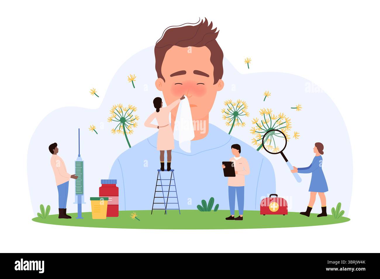 Vektor-Illustration von winzigen Menschen, die einen Mann mit Allergiesymptomen diagnostizieren und behandeln, mit Fokus auf Gesundheit, medizinische Intervention und Allergielinderung. Stock Vektor