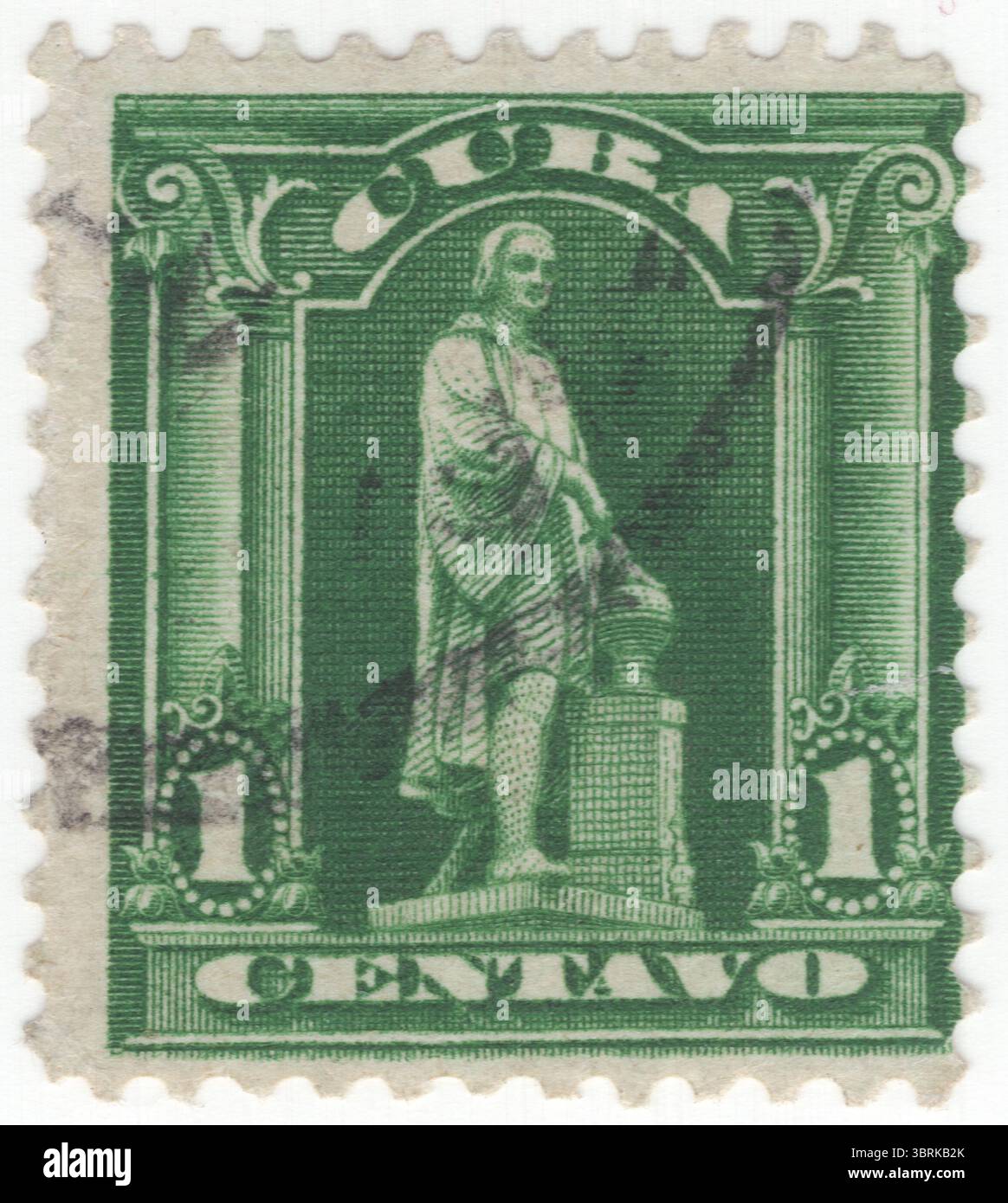 KUBA - 1899: 1 Centavo gelb-grüne Briefmarke mit der Statue von Columbus. Ausgestellt von der Republik unter US-Militärordnung. Nach dem Spanisch-Amerikanischen Krieg unterzeichneten Spanien und die USA den Pariser Vertrag (1898), durch den Kuba zu einem Protektorat der USA wurde. Am 20. Mai 1902 wurde Kuba offiziell von den USA unabhängig. Unter der neuen kubanischen Verfassung behielten die USA das Recht, in kubanische Angelegenheiten einzugreifen und seine Finanzen und Außenbeziehungen zu überwachen. Im Rahmen des Platt Amendment verpachteten die USA die Marinestützpunkt Guantánamo Bay Stockfoto