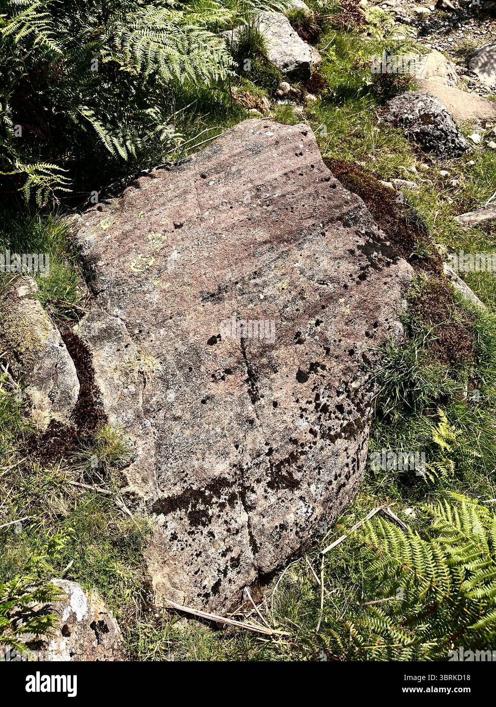 Gesteinsstreifen am Kopf des Mickleden in Landale, einem U-förmigen Tal, das Hinweise auf glaziale Aktivität enthält. Die Kratzer liegen parallel zum Tal. - Smartphone-aufgenommenes Stockfoto