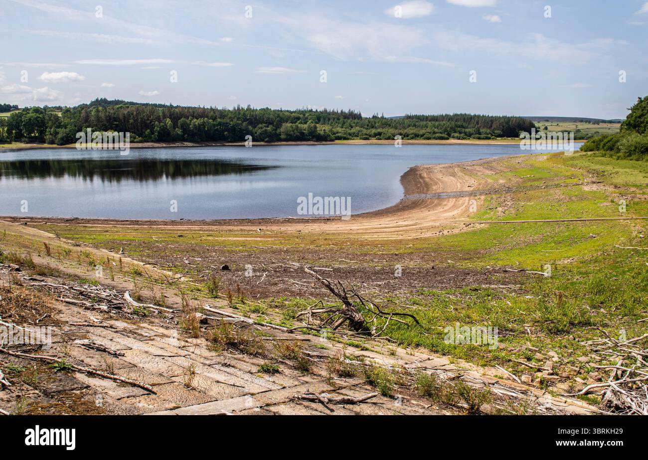 Harrogate, Großbritannien. Juli 2025. Da in Yorkshire ein strenges Verbot von Schlauchleitungen gilt, weisen zwei große Stauseen in der Nähe von Harrogate - Fewston und Swinsty - sehr geringe Wasserstände auf. ernesto Rogata/Alamy Live News Stockfoto