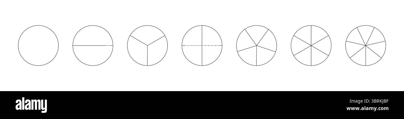 Kreisteilung von 1 bis 7 gleichen Teilen. Runden Sie geteilte Diagramme mit einem bis sieben Segmenten ab. Schwarzes Symbol für segmentiertes Nadelrad. Infografik Stock Vektor