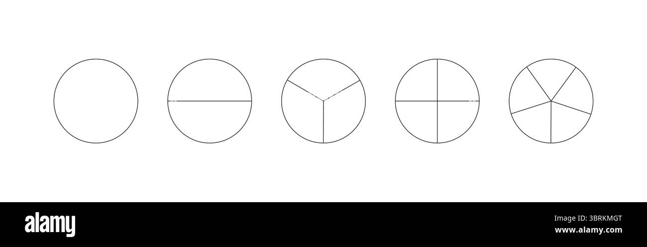 Tortendiagrammvorlage von 1 bis 5. Segmentierte Diagramme. Viele Sektoren teilen den Kreis auf gleiche Teile. Schwarze Grafiken konturieren. Pizzakarten Set Stock Vektor