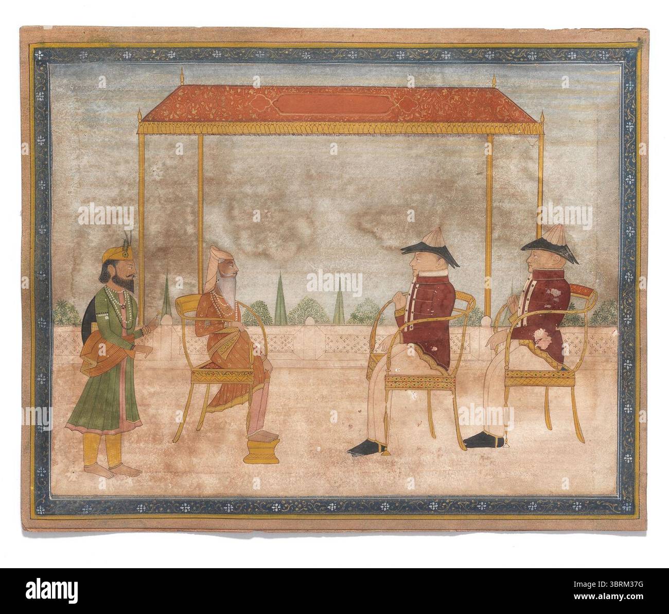 Maharaja Ranjit Singh mit zwei britischen Offizieren. Stockfoto