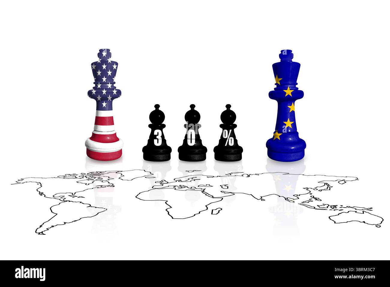 Schach aus USA- und EU-Flaggen. Europa Union und Vereinigte Staaten von Amerika Handel, Zölle, Zölle und Zollkrieg. Stockfoto