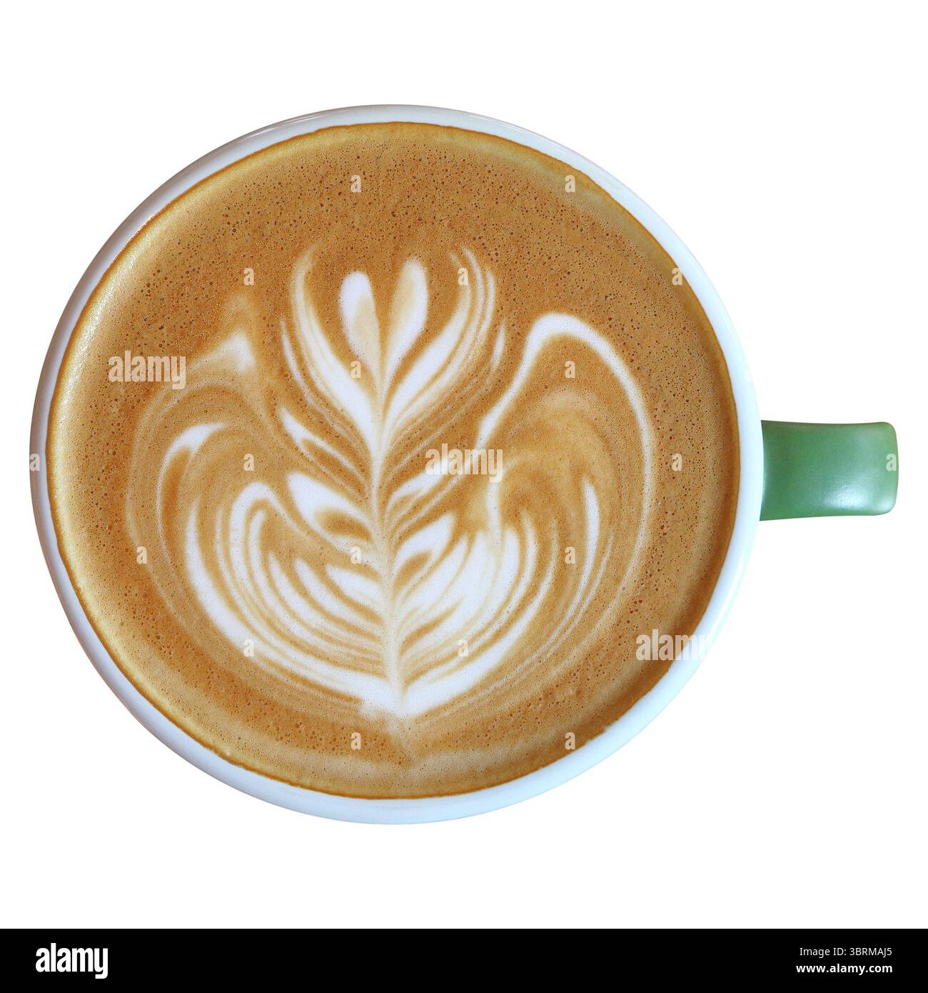 Eine Tasse Latte mit Milchschaumkunst isoliert auf weiß. Stockfoto