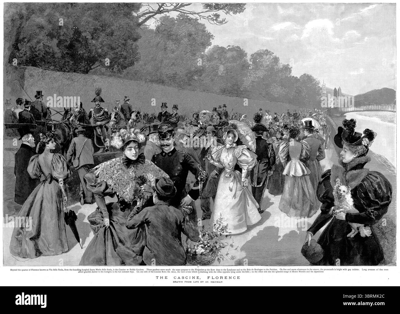 Gravur einer modisch gekleideten Menschenmenge auf der Cascine, Florenz, Italien, im Jahr 1896. Der Parco delle Cascine erstreckt sich vom Zentrum von Florenz bis zum Zufluss des Mugnone und des Arno. Stockfoto