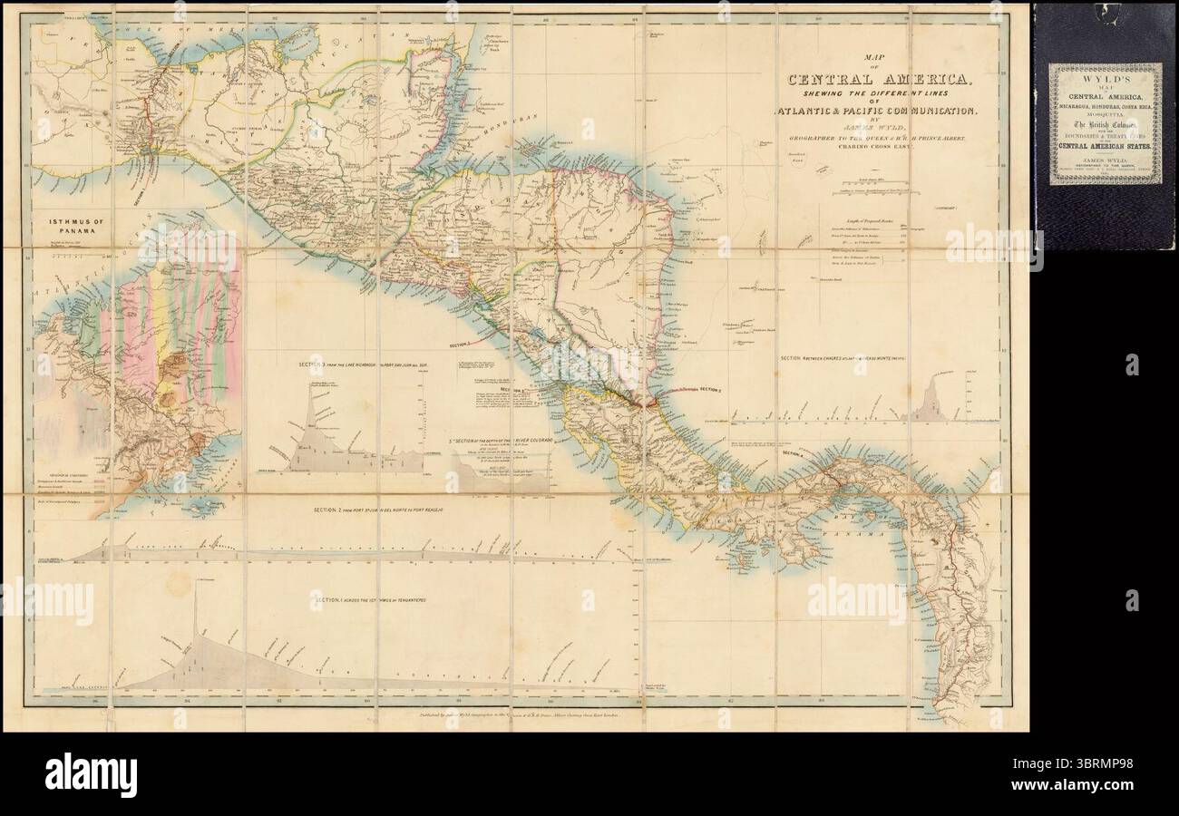 Karte von Zentralamerika, die die verschiedenen Linien der Atlantik- und Pazifik-Kommunikation aufzeigt. Von James Wyld, Geograf der Königin und H. H. Prince Albert. Stockfoto