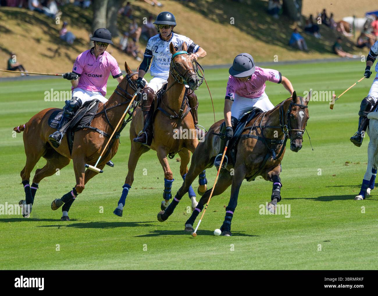 Juli 2025, Cowdray, Sussex UK. Ein entscheidender Sieg für La Dolfina/Scone gegen aureus GV sichert sich ihren Platz im Halbfinale der British Open Polo Championship für den Cowdray Gold Cup. Stockfoto