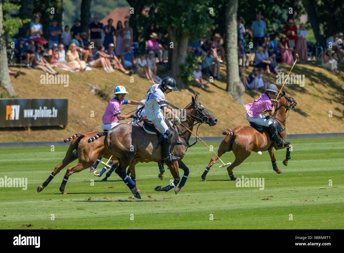 Juli 2025, Cowdray, Sussex UK. Ein entscheidender Sieg für La Dolfina/Scone gegen aureus GV sichert sich ihren Platz im Halbfinale der British Open Polo Championship für den Cowdray Gold Cup. Stockfoto