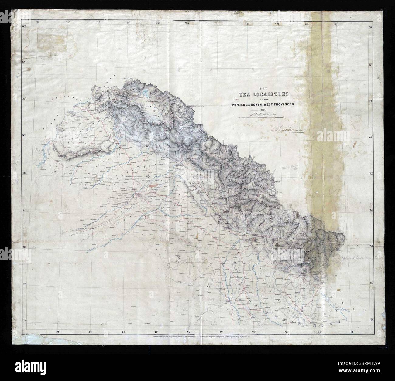 Karte der Teestädte in Punjab und den nordwestlichen Provinzen, erstellt von J. P. Namey, 1861 Stockfoto