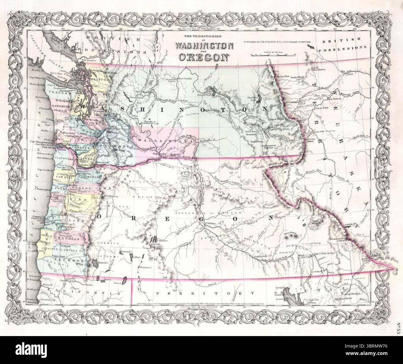 Karte von Washington und Oregon Territory. Stockfoto