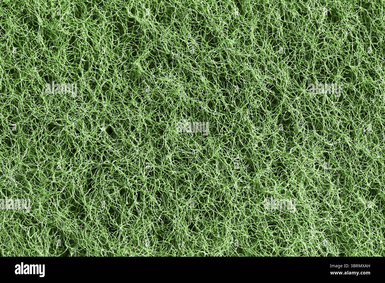 Grüne, strukturierte Netzoberfläche. Makro der synthetischen Gewindestruktur. Raues Schleifbild. Detailliertes Faserraster. Nahaufnahme der verworrenen Filamenttextur Stockfoto