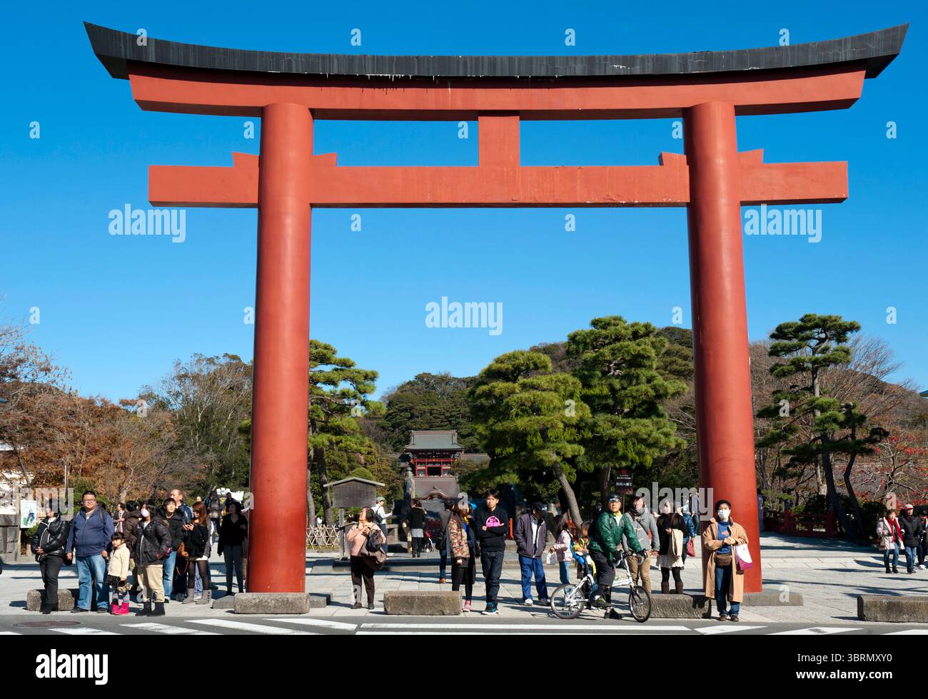 Visitors passing under large vermilion torii (Japanese shrine gate) marking the entrance to Tsurugaoka Hachimangu Shinto shrine, Kamakura, Japan. Stockfoto