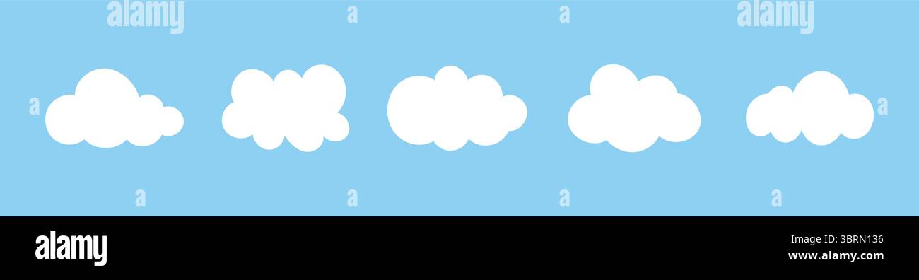 Wolken im blauen Himmel. Geschwollene, flauschige, kumuluswolken auf blauem Hintergrund. Bewölkte Formen Modell. Wettervorlage für einfache Elemente. Objekte Wolkenlandschaft Stock Vektor
