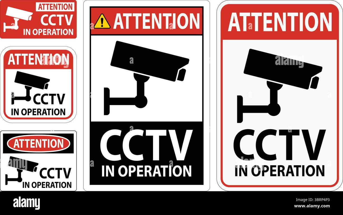 Eine Sammlung von CCTV-Warnschildern für Sicherheits- und Überwachungszwecke. Diese Zeichen unterstreichen das Vorhandensein von Kameras, um Unbefugte abzuschrecken Stock Vektor