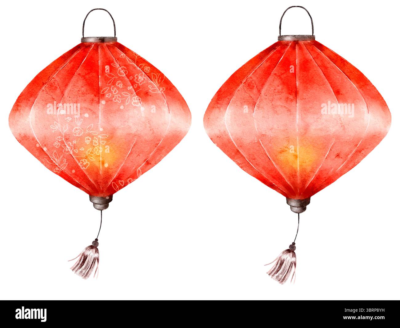 Zwei rote chinesische Laternen mit warmgelbem Schein, handgemalt in Aquarell. Traditionelle asiatische Weihnachtsdekoration perfekt für Neujahrsgrüße ca. Stockfoto