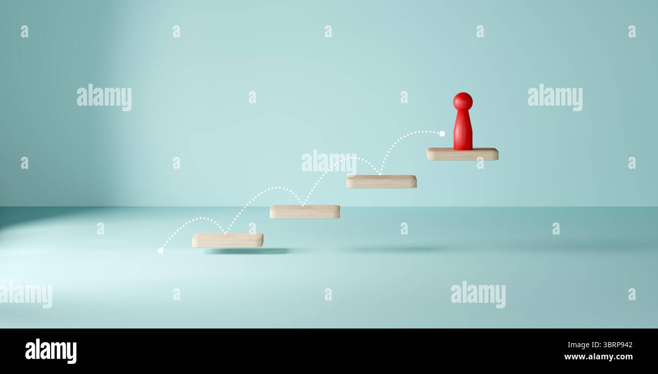 Die rote, menschenförmige Puppe steht auf einer vierstufigen Holzplattform mit einem gepunkteten Pfad, die Karrierefortschritt, persönliches Wachstum, Leistung, s symbolisiert Stockfoto