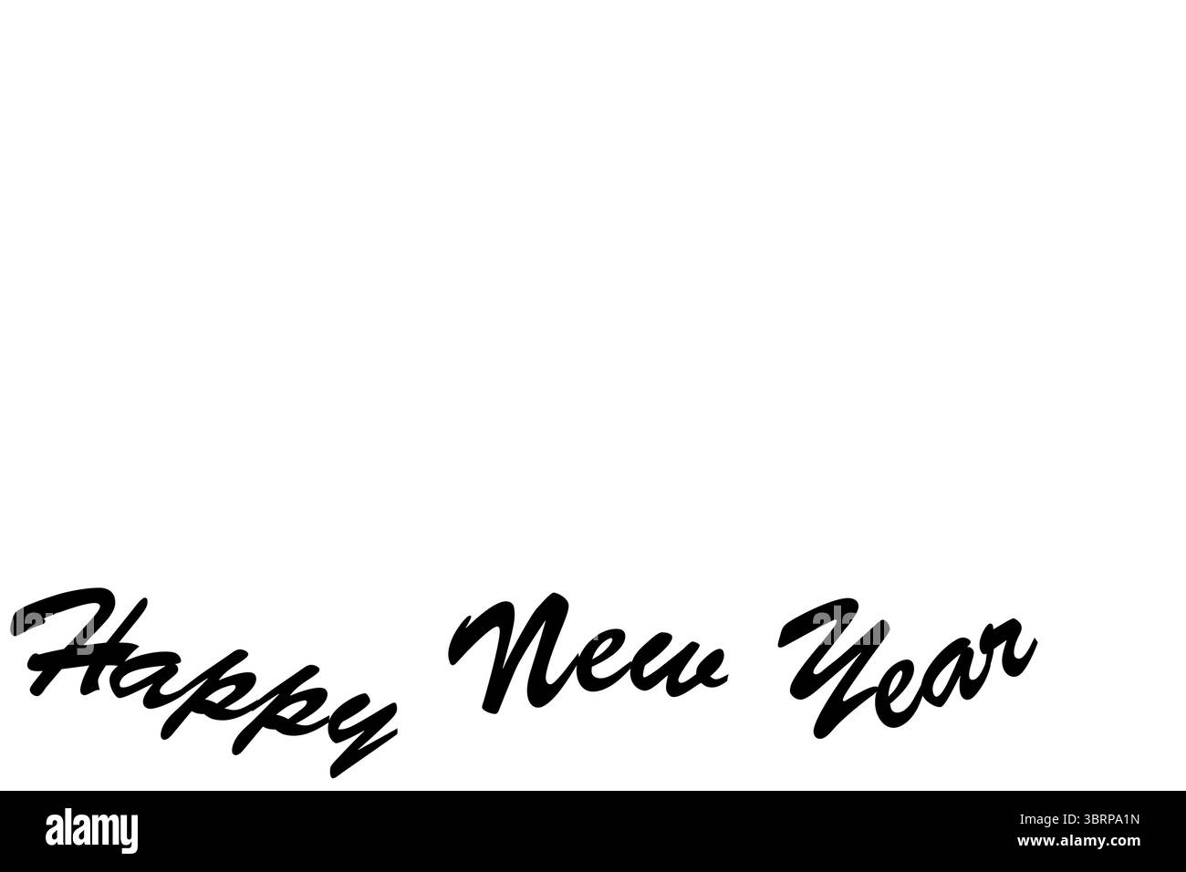 Schwarzer, flacher Text mit „Happy New Year“ erscheint auf minimalistischem weißem Hintergrund Stockfoto