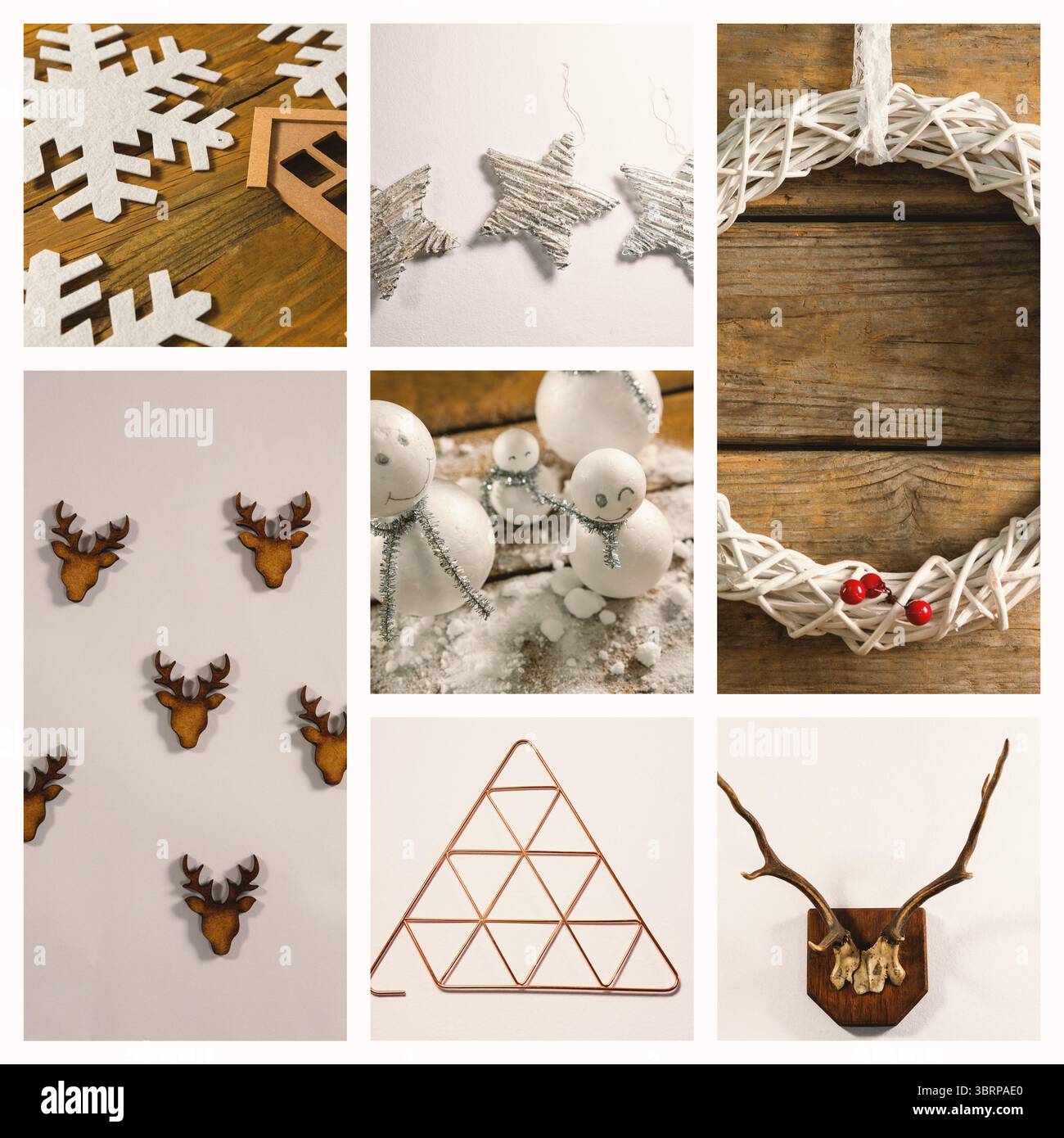 Die Gittercollage zeigt Winterdekorationen vor verwitterter Holzdiele und weißem Hintergrund Stockfoto