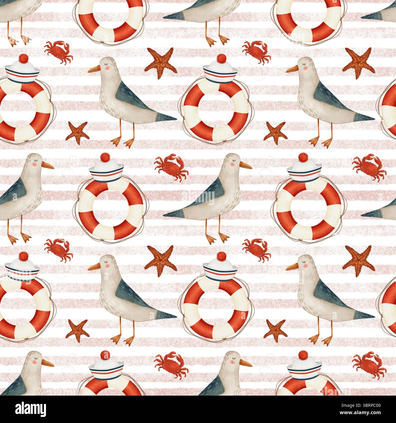 Niedliche Karikaturmöwen, rote und weiße Rettungsschwimmer, Matrosenhüte, rote Krabben und Seesterne. Hand gezeichnetes nahtloses Muster auf weißem und rot gestreiftem Hintergrund zum Drucken auf Stoff und Papier. Stockfoto