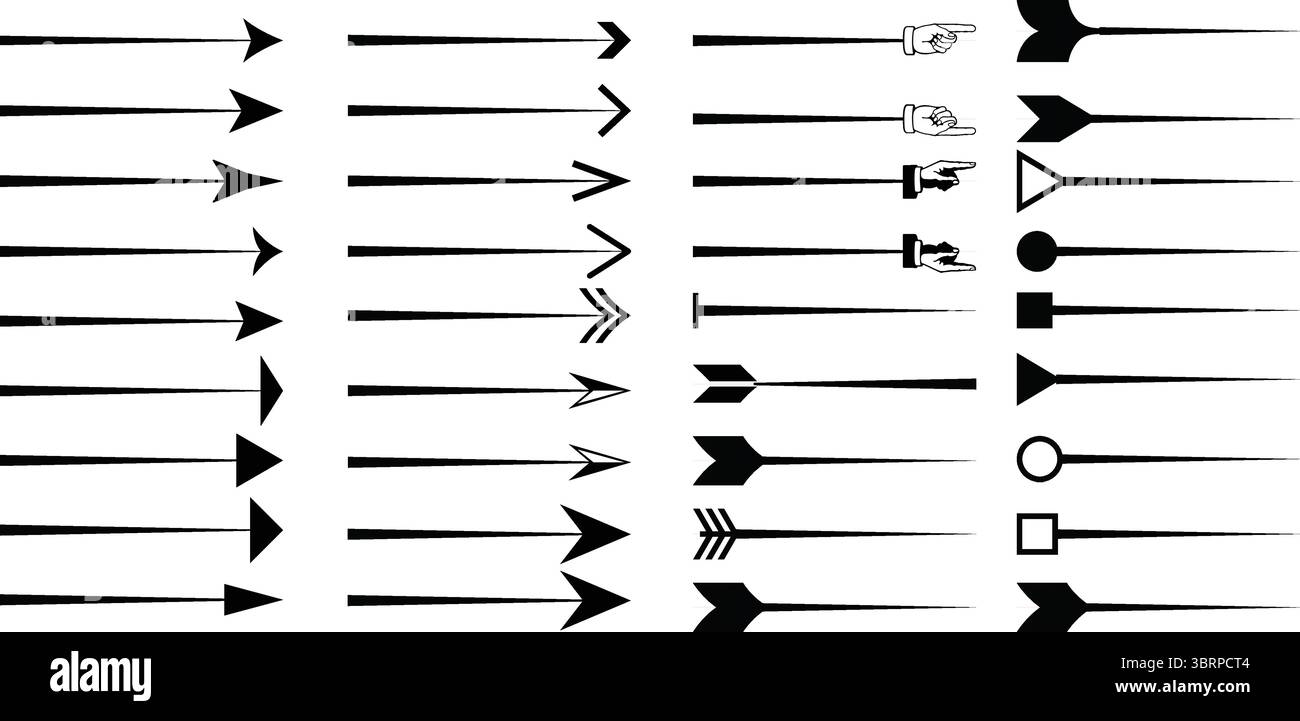 Sammlung der Pfeilsymbole – Vektorrichtungspfeile mit Formen, Händen und Spitzen Stock Vektor