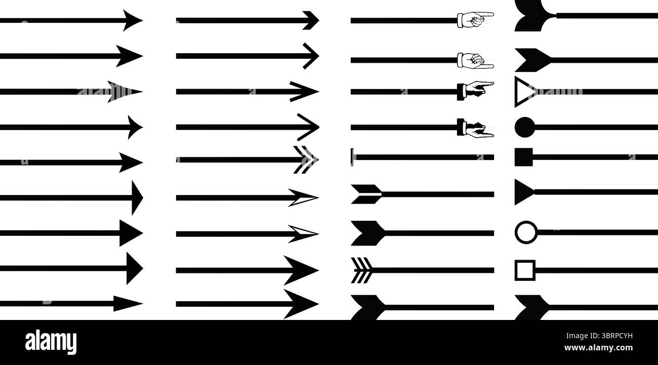 Pfeilvektor-Symbolsatz – Richtungszeiger mit Formen, Händen und Symbolen Stock Vektor
