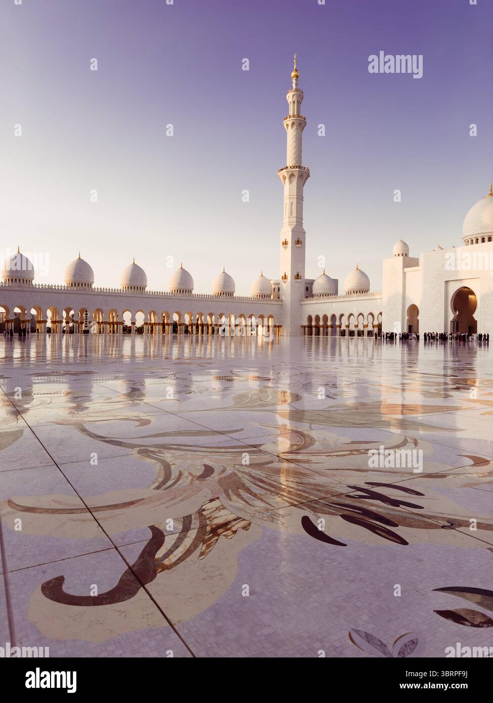 Scheich Zayed Moschee Abu Dhabi bei Nacht, goldene Details, komplizierte Marmorböden, goldene Bögen, Steinbögen, islamische Architektur Stockfoto